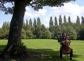 Doug Badger playing cello in the park